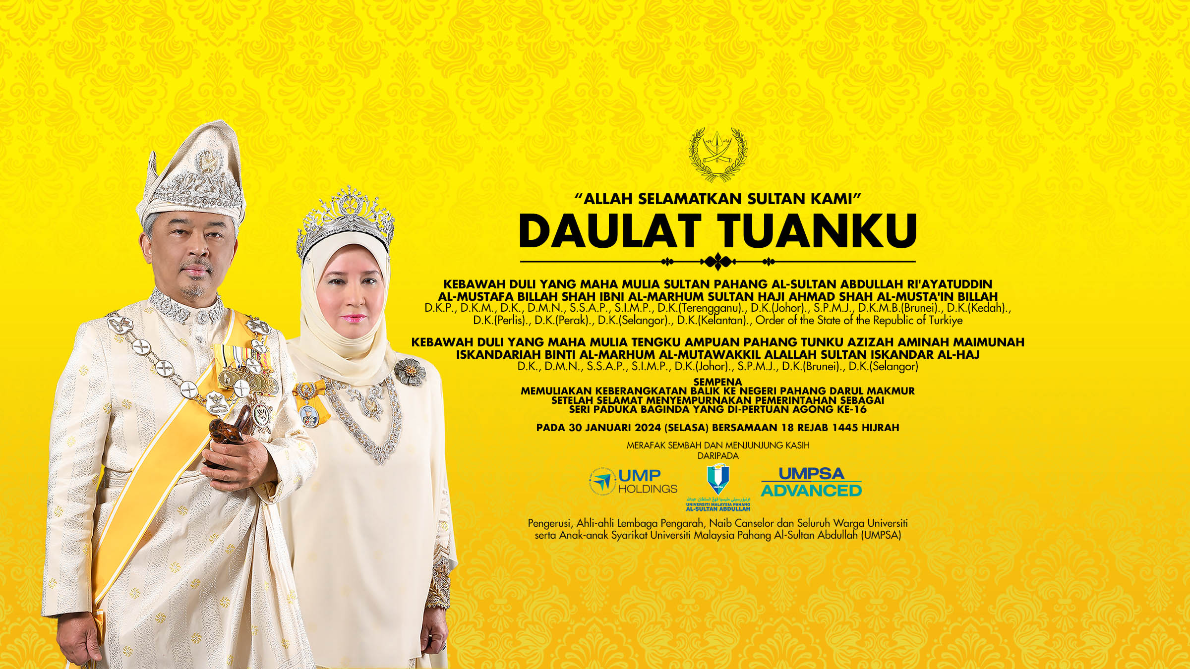 Al-Sultan Abdullah dan Tunku Azizah kembali ke Pahang